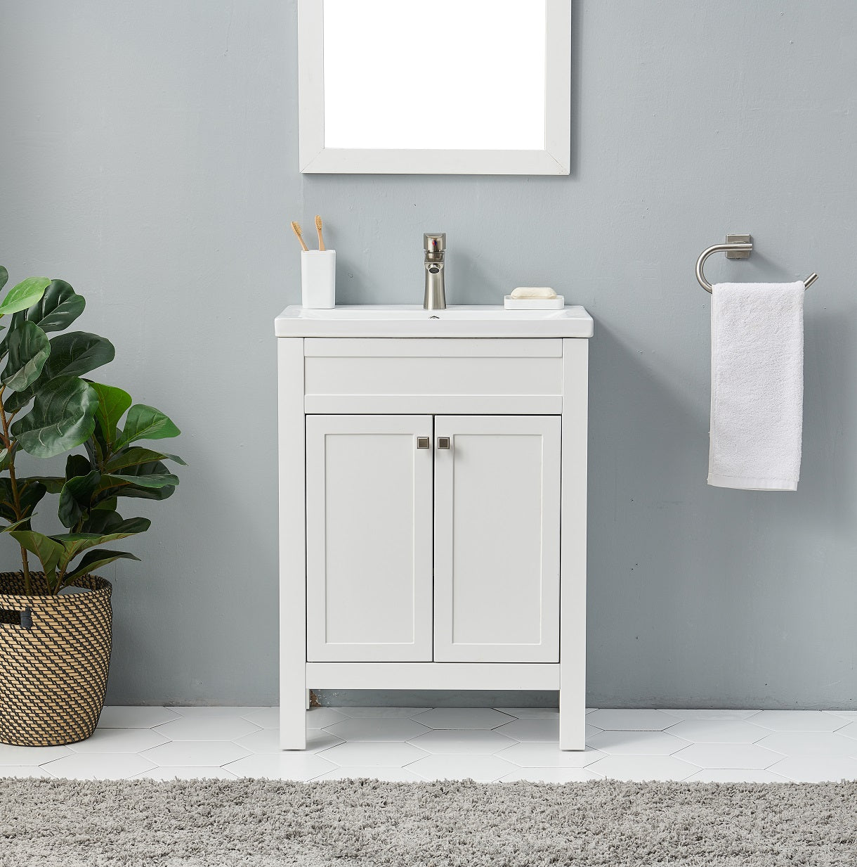 White Modern Free-standing 2 Doors Single Bathroom Vanity Set