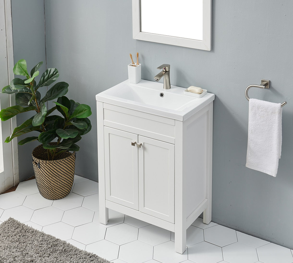 White Modern Free-standing 2 Doors Single Bathroom Vanity Set