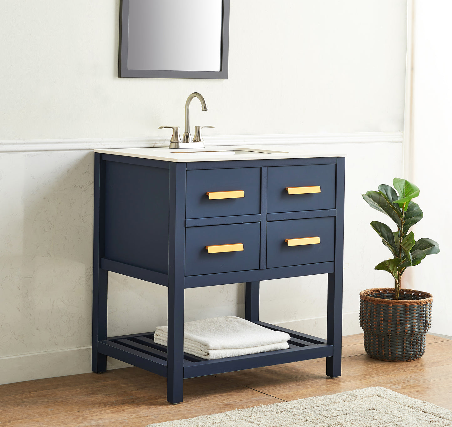 30'' Blue Modern Free-standing 4 Drawers Single Bathroom Vanity with Shelves