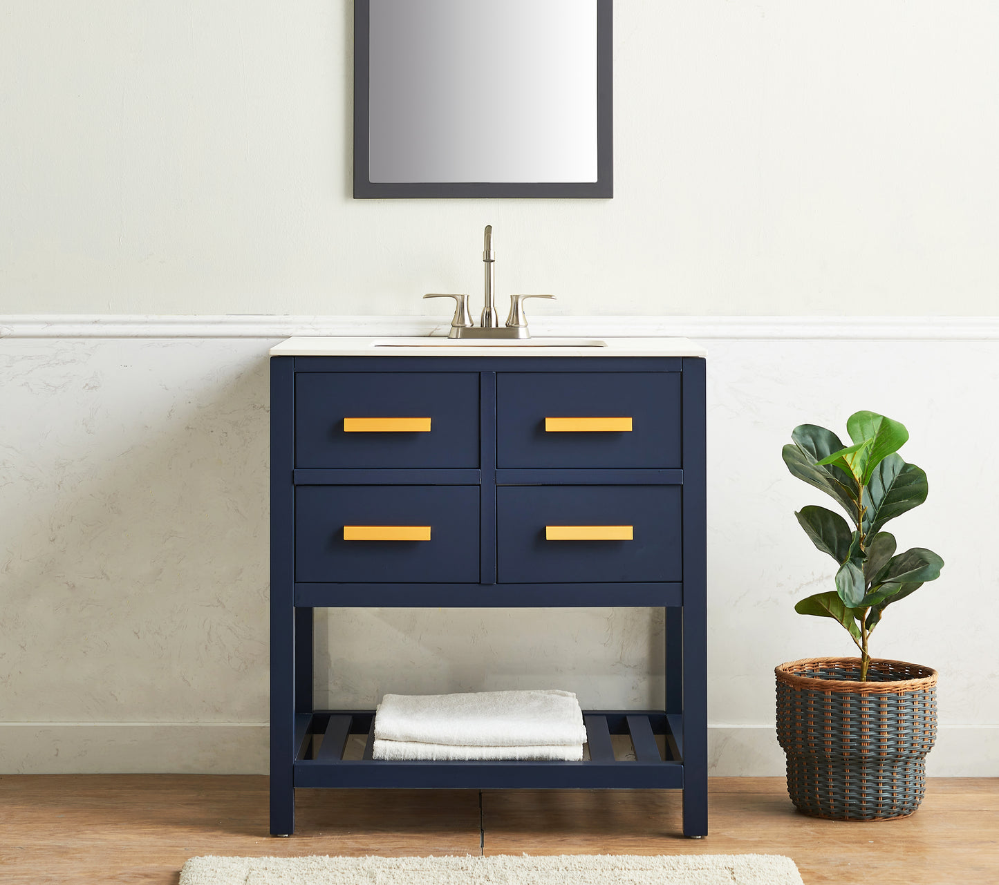 30'' Blue Modern Free-standing 4 Drawers Single Bathroom Vanity with Shelves