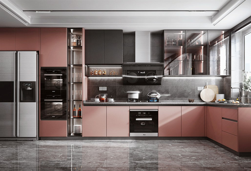 Pink pvc I shape kitchen cabinets