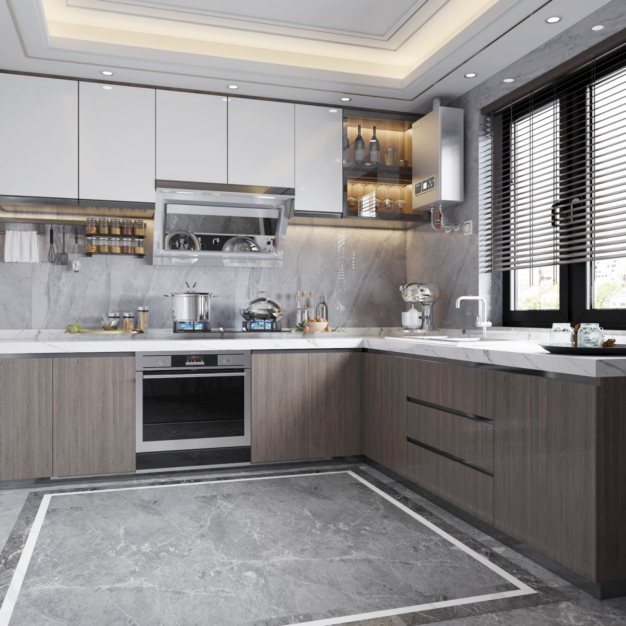 Grey wooden I shape kitchen cabinet